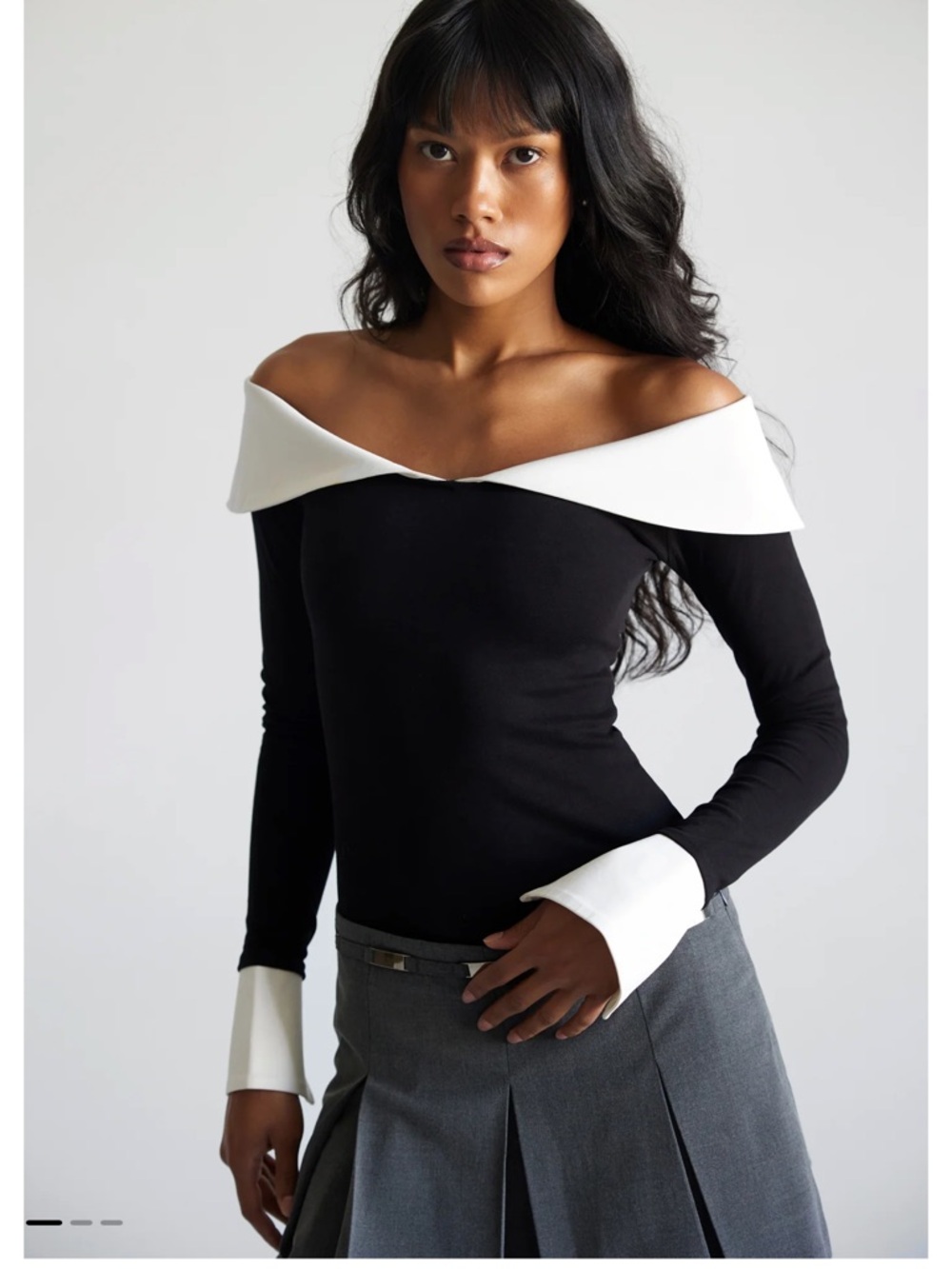 ANONIE Jade Top - Black & White Off-the-Shoulder Long Sleeve XS